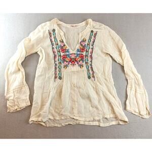Johnny Was Womens Floral Tunic Blouse Sz S Cream Embroidered Pintuck